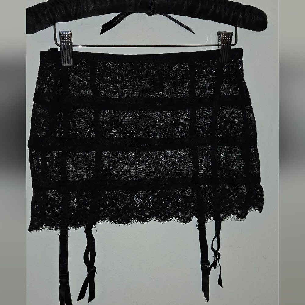4 Pc Set Lace Cage Tie Collarbone Detail Mesh See Thru Skirt Garter Gloves Sexy - Picture 9 of 16